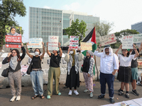 Indonesian Pro-Palestine Muslims are holding a rally in front of the US Embassy in Jakarta, Indonesia, on May 31, 2024.  (