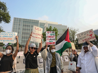 Indonesian Pro-Palestine Muslims are holding a rally in front of the US Embassy in Jakarta, Indonesia, on May 31, 2024.  (