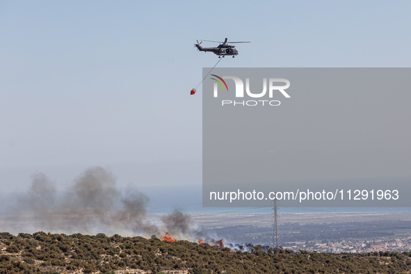 A helicopter is flying above the flames in Limassol, Cyprus, on May 31, 2024. Some buildings are in danger after a fire breaks out in the Ag...