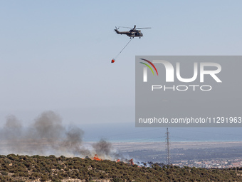 A helicopter is flying above the flames in Limassol, Cyprus, on May 31, 2024. Some buildings are in danger after a fire breaks out in the Ag...