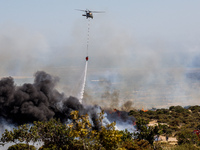 A helicopter is operating during the fire in Limassol, Cyprus, on May 31, 2024. Some buildings are in danger after a fire breaks out in the...