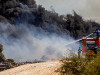 Firemen are operating in the area in Limassol, Cyprus, on May 31, 2024. Some buildings are in danger after a fire breaks out in the Agios Si...