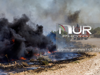 Firemen are operating in the area in Limassol, Cyprus, on May 31, 2024. Some buildings are in danger after a fire breaks out in the Agios Si...