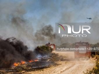 Firemen are operating in the area in Limassol, Cyprus, on May 31, 2024. Some buildings are in danger after a fire breaks out in the Agios Si...