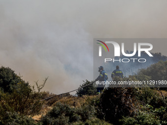 Firemen are operating in the area in Limassol, Cyprus, on May 31, 2024. Some buildings are in danger after a fire breaks out in the Agios Si...