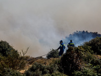 Firemen are operating in the area in Limassol, Cyprus, on May 31, 2024. Some buildings are in danger after a fire breaks out in the Agios Si...