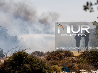 Firemen are operating in the area in Limassol, Cyprus, on May 31, 2024. Some buildings are in danger after a fire breaks out in the Agios Si...