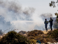 Firemen are operating in the area in Limassol, Cyprus, on May 31, 2024. Some buildings are in danger after a fire breaks out in the Agios Si...