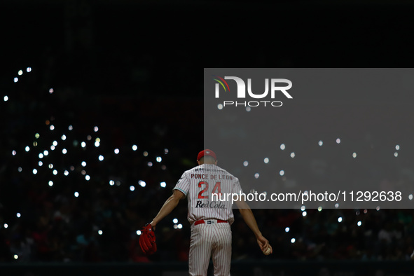 Daniel Ponce de Leon #24 of Diablos Rojos is pitching the ball during the Saraperos de Saltillo vs. Diablos Rojos del Mexico match 2 of the...