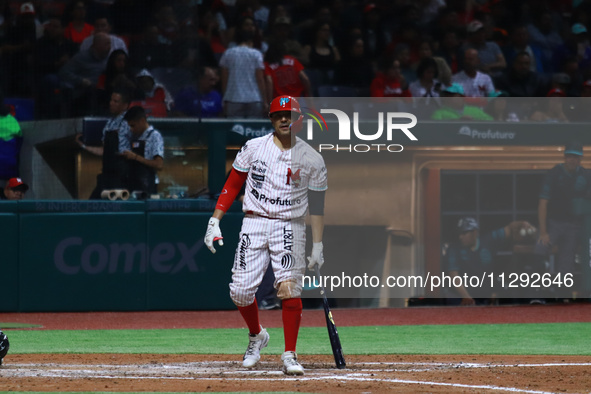 Gabriel Gutierrez #70 of Diablos Rojos is at bat during the Saraperos de Saltillo vs. Diablos Rojos del Mexico match 2 of the Mexican Baseba...