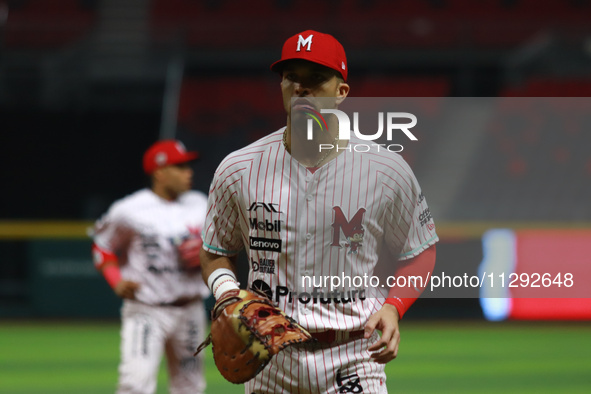 Jose Marmolejos #46 of Diablos Rojos is playing during the Saraperos de Saltillo vs. Diablos Rojos del Mexico match 2 of the Mexican Basebal...