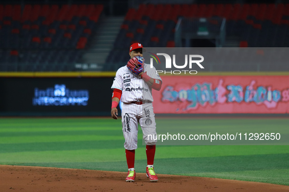 Robinson Cano #22 of Diablos Rojos is playing during the Saraperos de Saltillo vs. Diablos Rojos del Mexico match 2 of the Mexican Baseball...