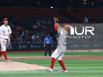 Jose Marmolejos #43 of Diablos Rojos is catching an infield fly during the Saraperos de Saltillo vs. Diablos Rojos del Mexico match 2 of the...