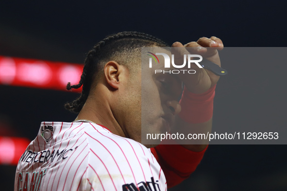 Robinson Cano #22 of Diablos Rojos is at bat during the Saraperos de Saltillo vs. Diablos Rojos del Mexico match 2 of the Mexican Baseball L...