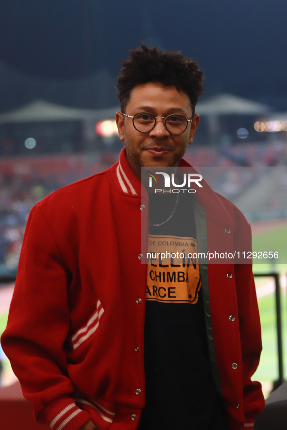 Singer Kalimba is being seen during the Saraperos de Saltillo vs. Diablos Rojos del Mexico match 2 of the Mexican Baseball League (LMB) at A...