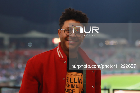 Singer Kalimba is being seen during the Saraperos de Saltillo vs. Diablos Rojos del Mexico match 2 of the Mexican Baseball League (LMB) at A...