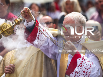 Archbishop Marek Jedraszewski celebrates Corpus Christi procession in Krakow, Poland on May 30, 2024. The procession starts with a priest ca...