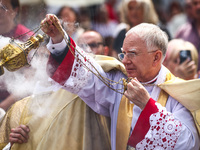 Archbishop Marek Jedraszewski celebrates Corpus Christi procession in Krakow, Poland on May 30, 2024. The procession starts with a priest ca...