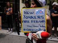 Anti-Trump protesters are standing outside as former president Donald Trump is making a statement after a guilty verdict at Trump Tower in N...