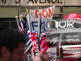 Anti-Trump protesters are standing outside as former president Donald Trump is making a statement after a guilty verdict at Trump Tower in N...