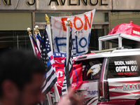 Anti-Trump protesters are standing outside as former president Donald Trump is making a statement after a guilty verdict at Trump Tower in N...