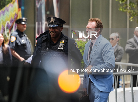 Andrew Giuliani is appearing as former president Donald Trump is making a statement after a guilty verdict at Trump Tower in New York City,...