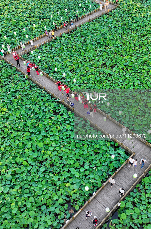 Tourists are visiting the ecological lotus pond in Huaying, China, on May 31, 2024. 