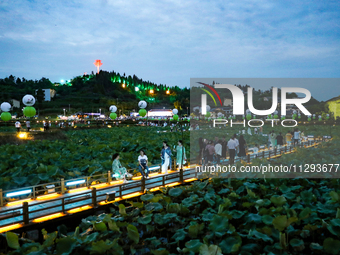 Tourists are visiting the ecological lotus pond in Huaying, China, on May 31, 2024. (