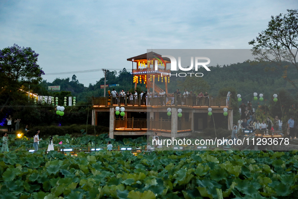 Tourists are visiting the ecological lotus pond in Huaying, China, on May 31, 2024. 