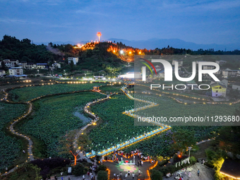 Tourists are visiting the ecological lotus pond in Huaying, China, on May 31, 2024. (