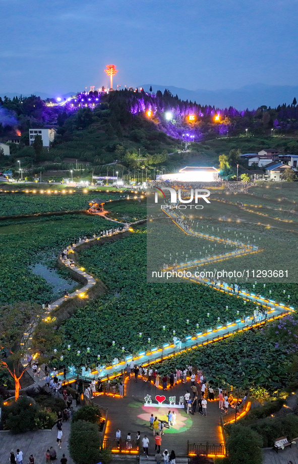 Tourists are visiting the ecological lotus pond in Huaying, China, on May 31, 2024. 