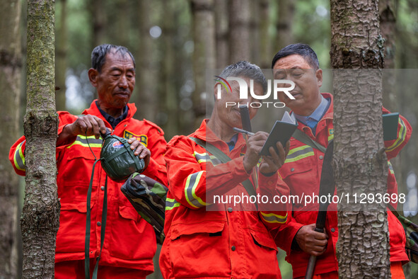 Forest rangers are registering their patrol in Bijie, Guizhou province, China, on May 31, 2024. 