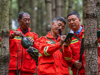 Forest rangers are registering their patrol in Bijie, Guizhou province, China, on May 31, 2024. (