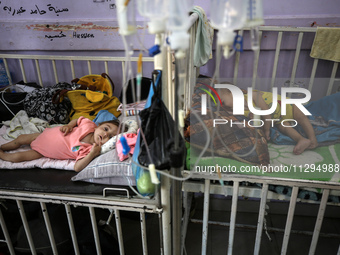 A Palestinian child is suffering from malnutrition and is receiving treatment at Al-Aqsa Martyrs Hospital in Deir al-Balah in the central Ga...