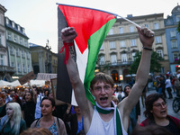 People attend pro-paletine demonstration while students hold occupational strike in the yard of Jagiellonian University in Krakow, Poland on...