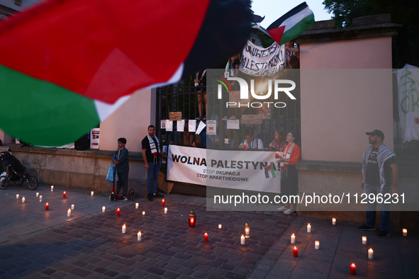 Students and supporters protest during occupational strike in the yard of Jagiellonian University in Krakow, Poland on May 30, 2024. The stu...