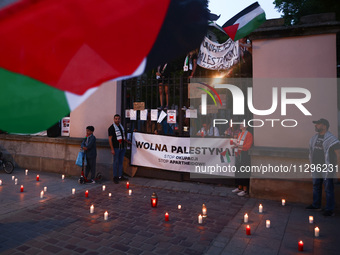 Students and supporters protest during occupational strike in the yard of Jagiellonian University in Krakow, Poland on May 30, 2024. The stu...