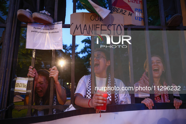 Students and supporters protest during occupational strike in the yard of Jagiellonian University in Krakow, Poland on May 30, 2024. The stu...