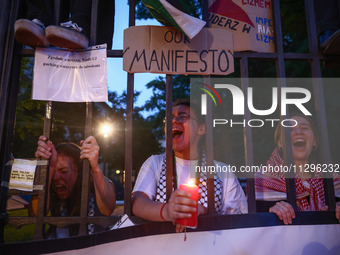 Students and supporters protest during occupational strike in the yard of Jagiellonian University in Krakow, Poland on May 30, 2024. The stu...