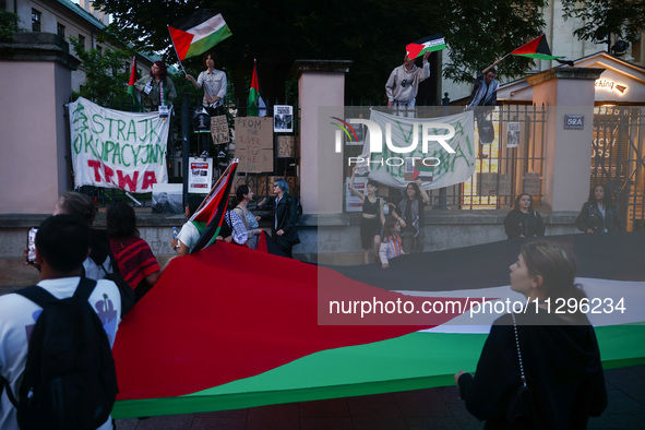 Students and supporters protest during occupational strike in the yard of Jagiellonian University in Krakow, Poland on May 30, 2024. The stu...