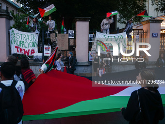 Students and supporters protest during occupational strike in the yard of Jagiellonian University in Krakow, Poland on May 30, 2024. The stu...