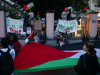 Students and supporters protest during occupational strike in the yard of Jagiellonian University in Krakow, Poland on May 30, 2024. The stu...