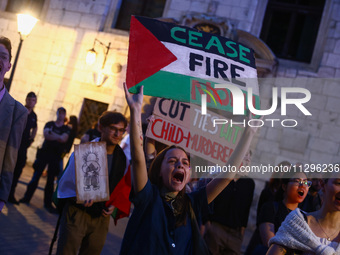 Students and supporters protest during occupational strike in the yard of Jagiellonian University in Krakow, Poland on May 30, 2024. The stu...