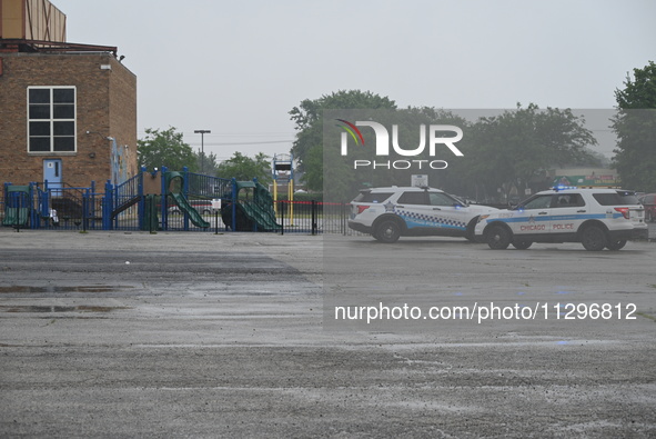 Chicago police are present at the playground where a death investigation is underway in Chicago, Illinois, United States, on June 1, 2024. A...