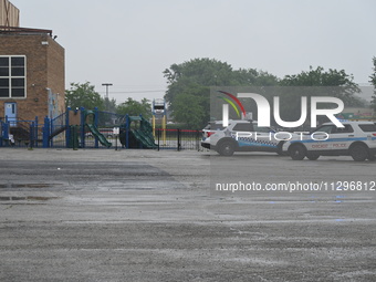 Chicago police are present at the playground where a death investigation is underway in Chicago, Illinois, United States, on June 1, 2024. A...