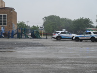 Chicago police are present at the playground where a death investigation is underway in Chicago, Illinois, United States, on June 1, 2024. A...