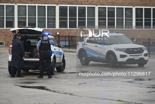 Chicago police are present at the playground where a death investigation is underway in Chicago, Illinois, United States, on June 1, 2024. A...