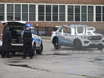 Chicago police are present at the playground where a death investigation is underway in Chicago, Illinois, United States, on June 1, 2024. A...