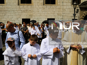 The Corpus Christi procession is walking through the city streets in Krakow, Poland, on May 30, 2024. The Solemnity of the Most Holy Body an...