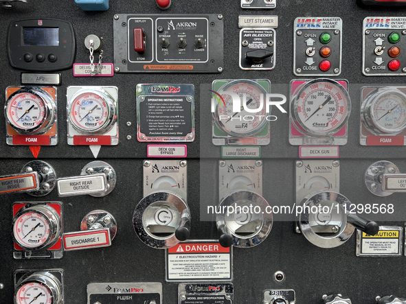 Knobs, buttons, and gauges are appearing on a fire truck in Unionville, Ontario, Canada, on June 03, 2023. 